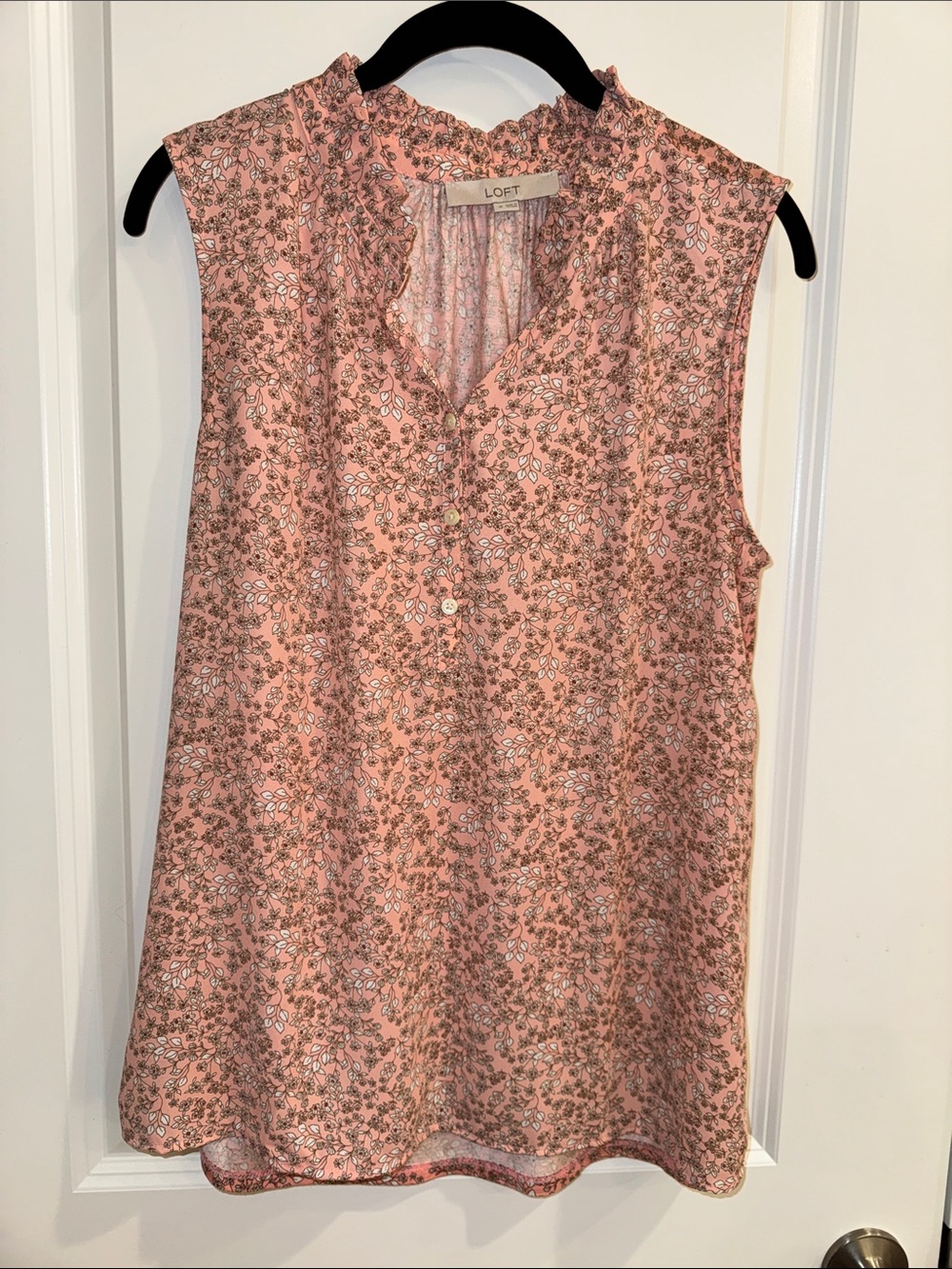 LOFT Pink Floral Sleeveless Ruffle-Trim Blouse